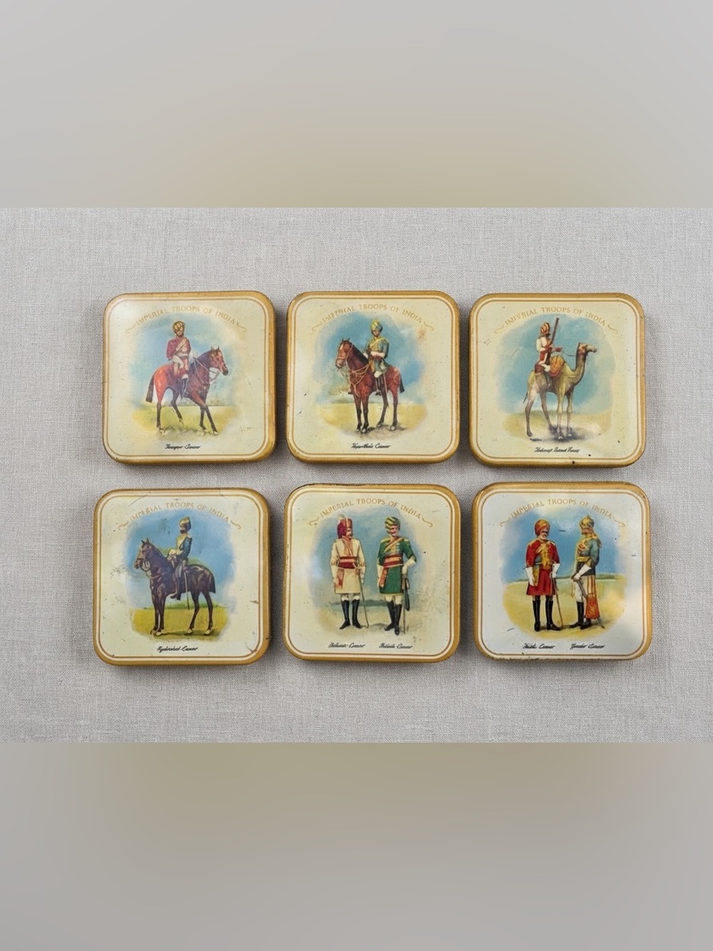 Vintage Imperial Troops of India Coasters Set of 6 Velvet Back
